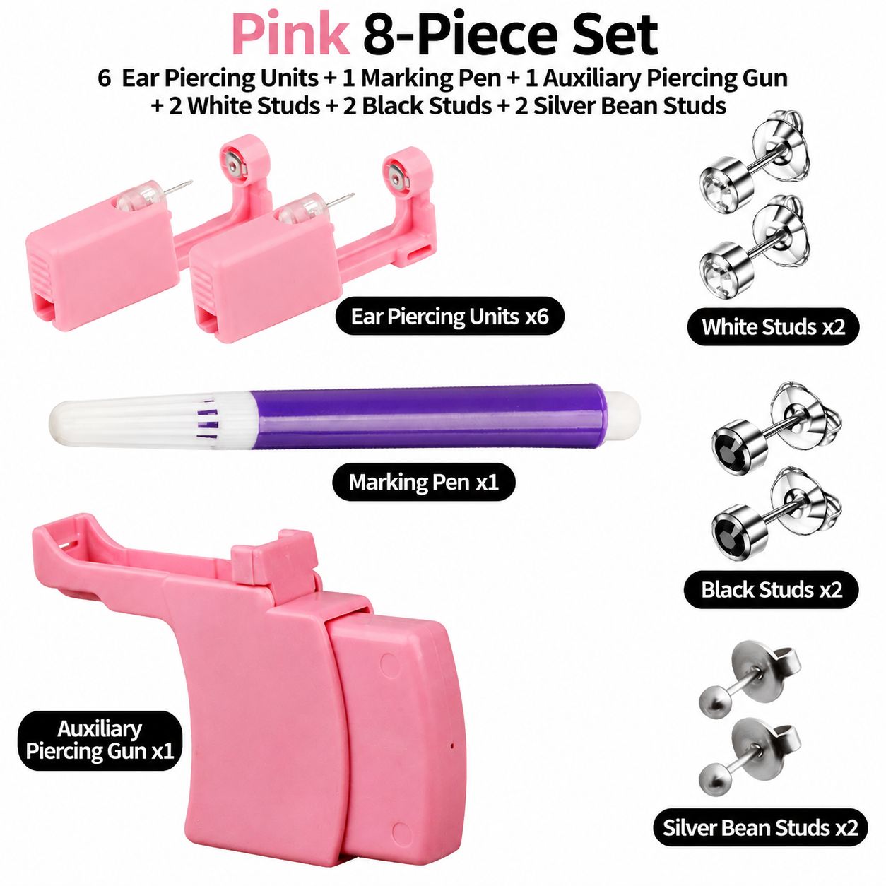 Pink combination 8-piece set 6 ear piercing guns1 marker pen1 assistant firing gun2 white diamonds2 black diamonds2 silver beans