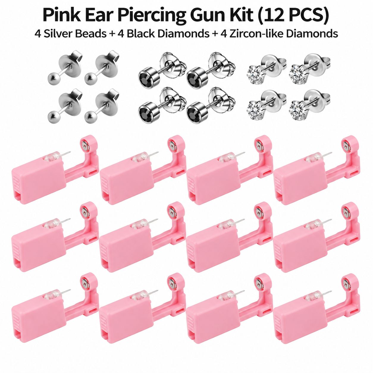 Pink ear hole Gun 12-piece set 4 silver peas4 black diamonds4 zircon imitation diamonds