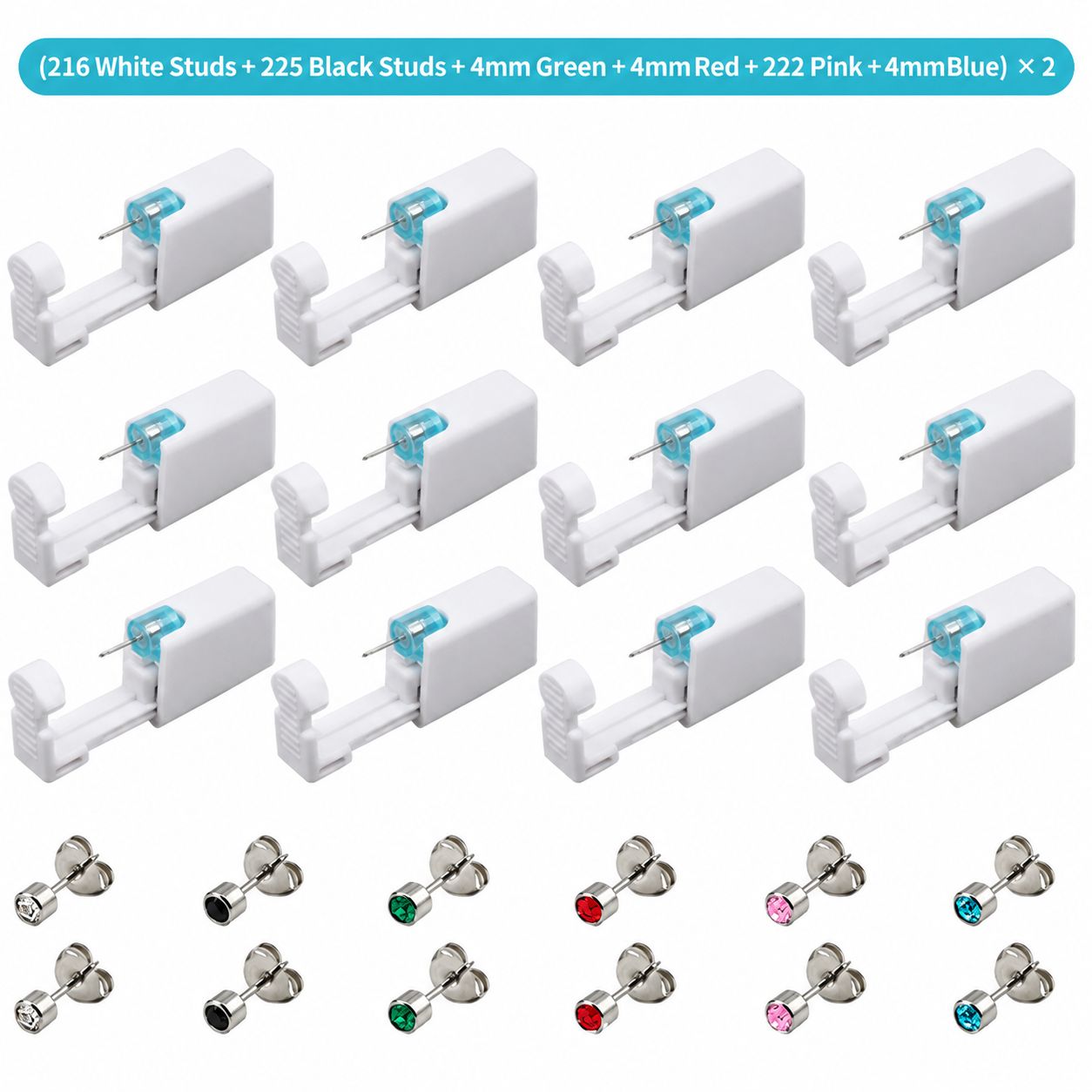 White ear piercing gun 12-piece set(216 white diamond, 225 Black Diamond, 4mm Emerald, 4mm navy, 4mm red, 222 Pink Diamond)