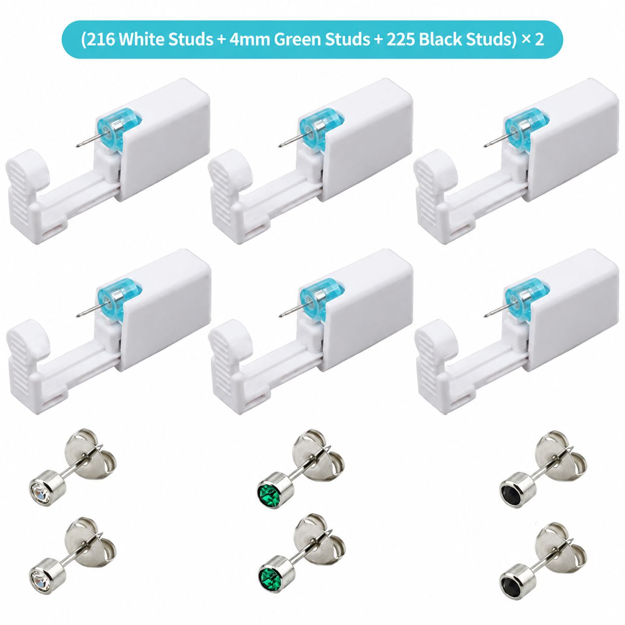 White ear piercing gun 6-Piece Set(216 white diamond, 225 Black Diamond, 4mm Emerald) * 2