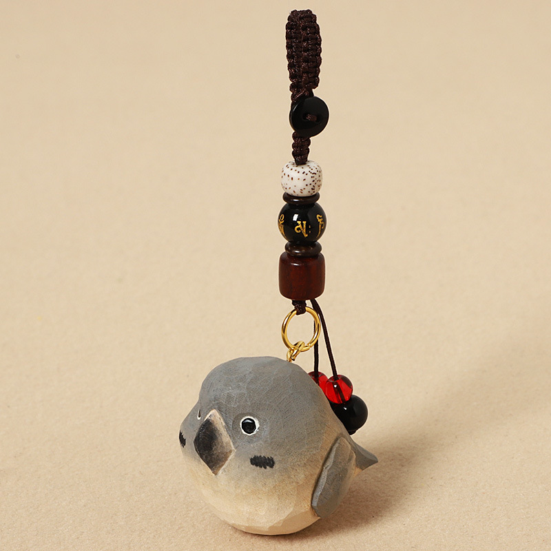 Wooden carved gray parrot - six-syllable mantra edition