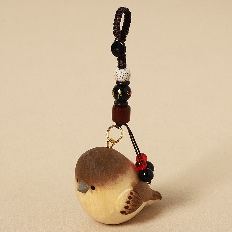 Wood Carved Sparrow - Six-Syllable Mantra Version