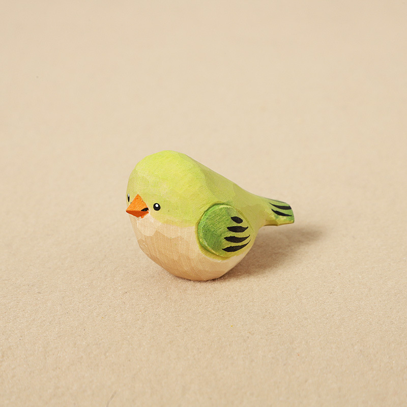 Wood-carved green little fat bird - decorative piece