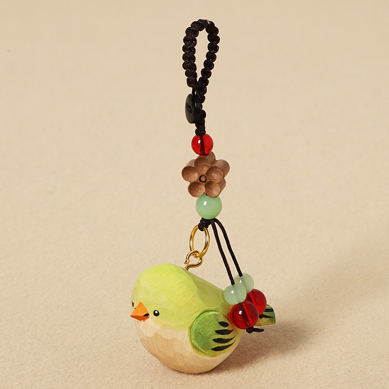 Wood Carving Green Little Fat Bird - Peach Wood Plum Blossom Design