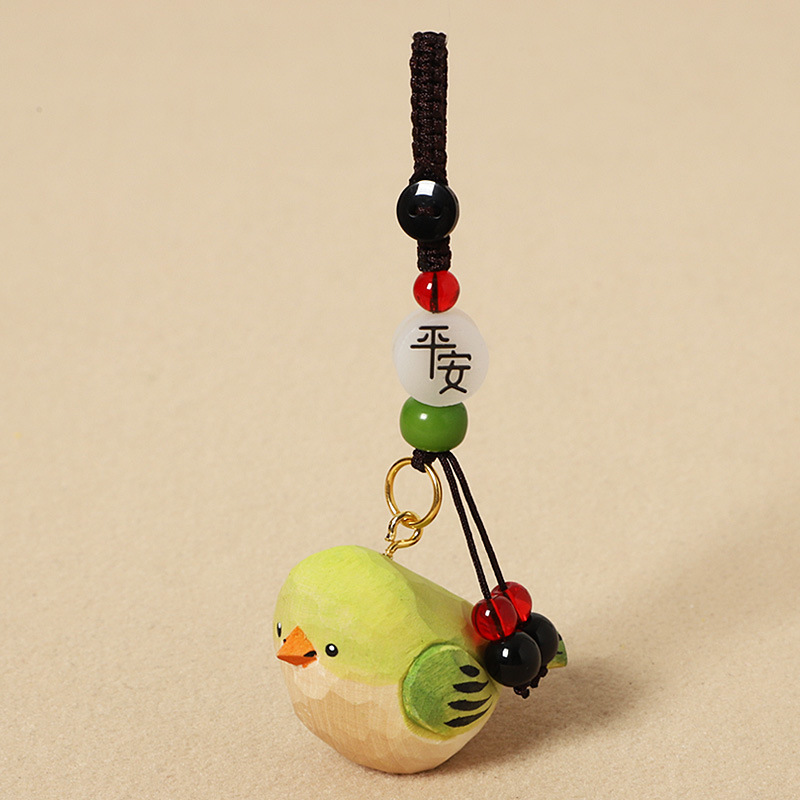 Wood-carved green little fat bird - Peaceful style