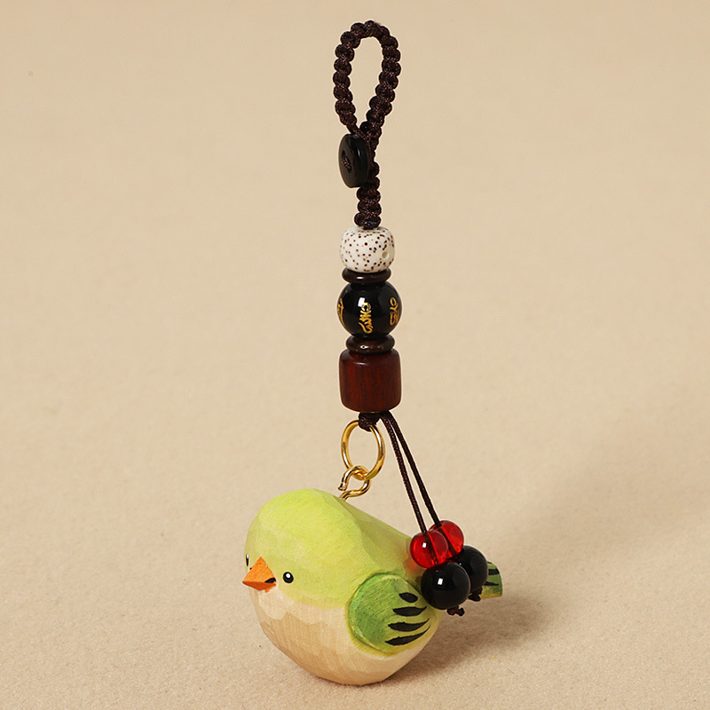 Wood-carved green little fat bird - Six-character mantra version