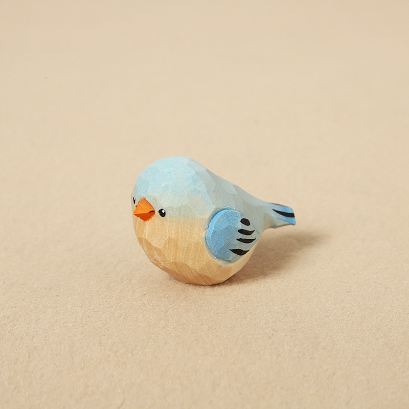 Wood-carved Blue Little Fat Bird - Decorative Model