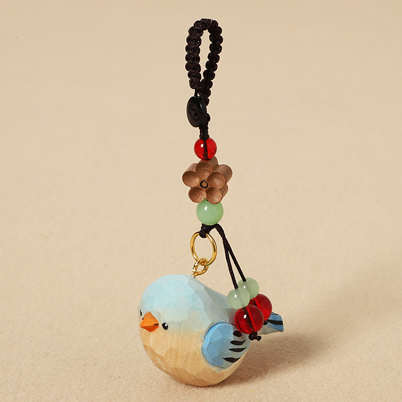 Wood Carving Blue Little Fat Bird - Peach Wood Plum Blossom Design
