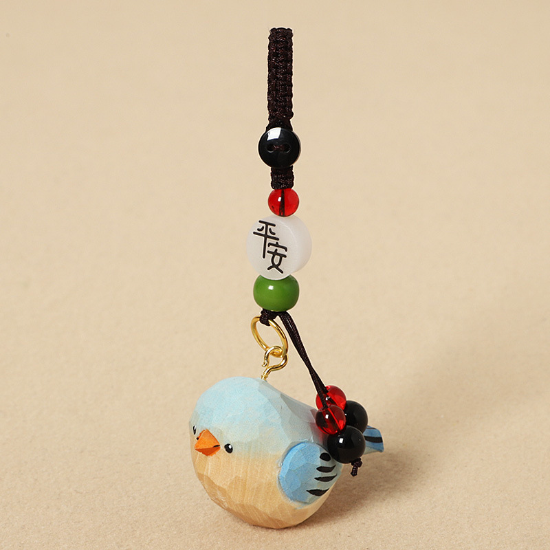 Wood-carved Blue Little Fat Bird - Peaceful Style
