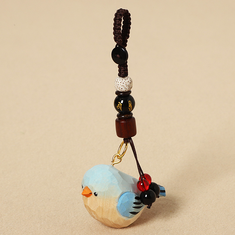Wood-carved Blue Little Fat Bird - Six-Syllable Mantra Version