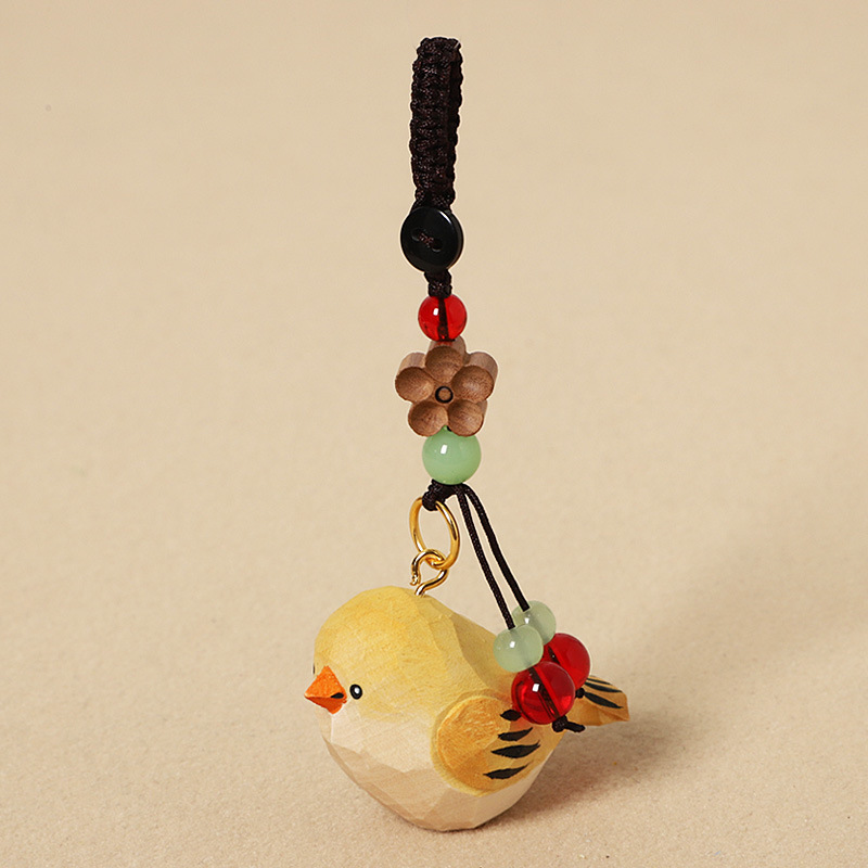 Wood Carving Yellow Little Fat Bird - Peach Wood Plum Blossom Design