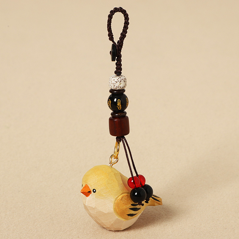 Wood-carved Yellow Little Fat Bird - Six-Syllable Mantra Version