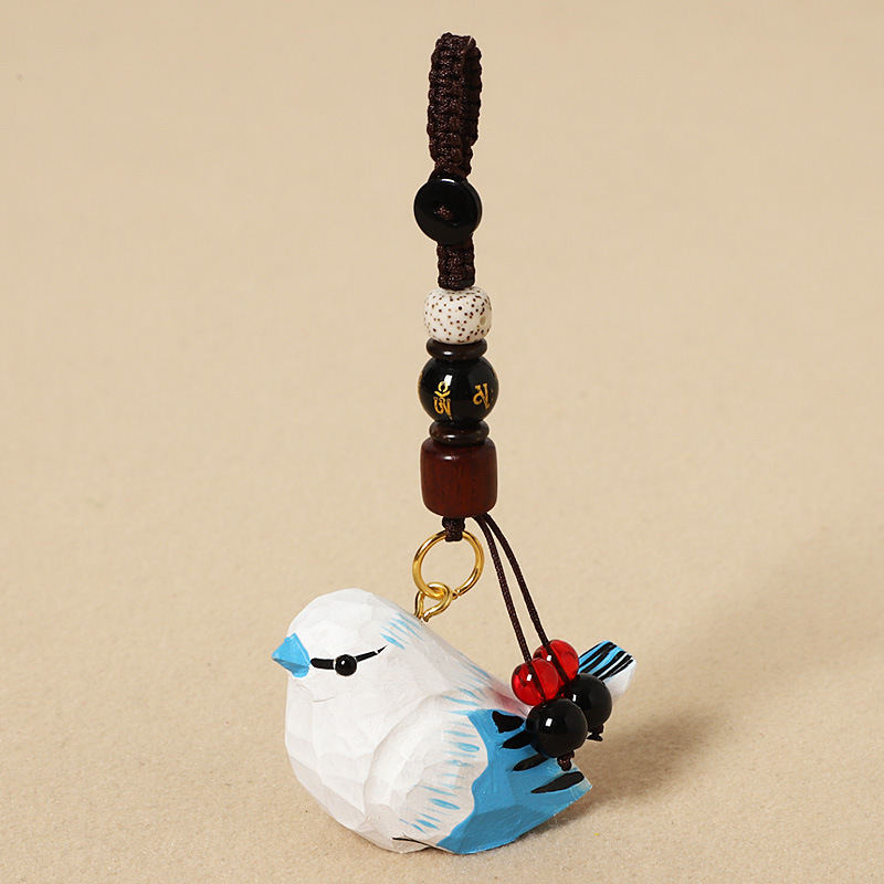 Wood carving small gray blue tit-six-character mantra