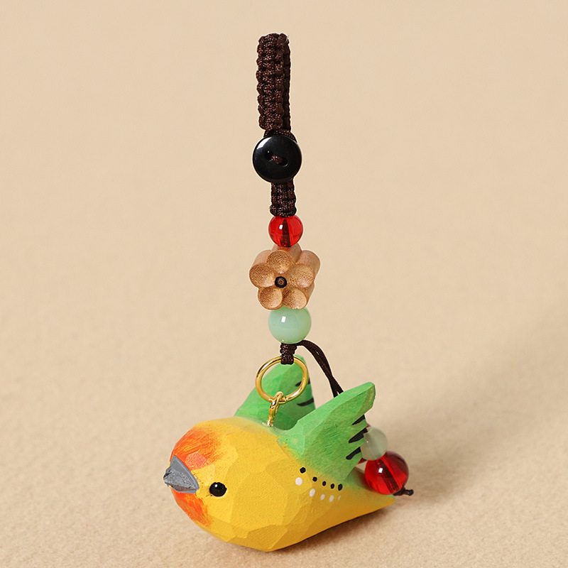Wood Carving: Green Bird with Spreading Wings - Peach Wood Plum Blossom Design