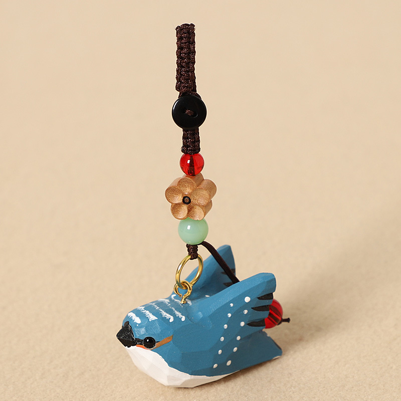 Wood Carving: Blue Bird with Spreading Wings - Peach Wood Plum Blossom Design