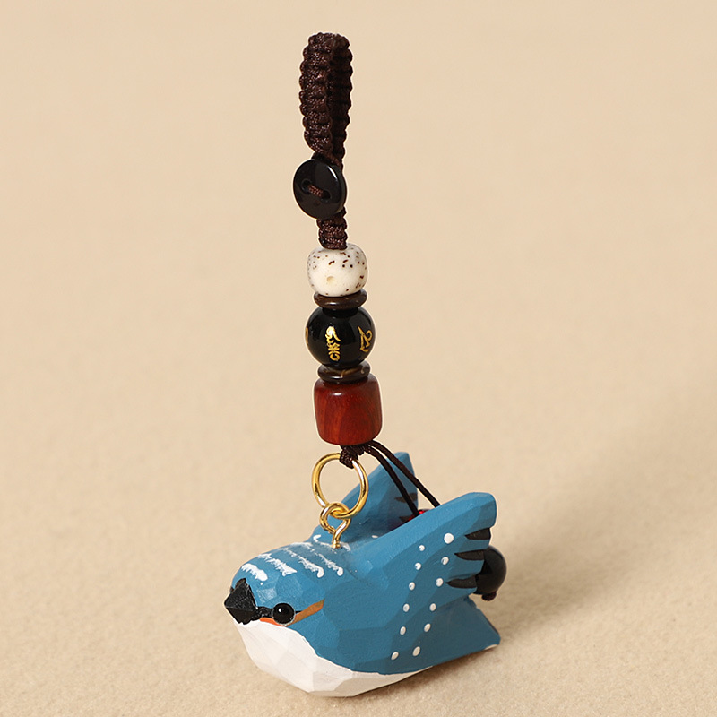 Wood-carved blue bird with wings - Six-character mantra version
