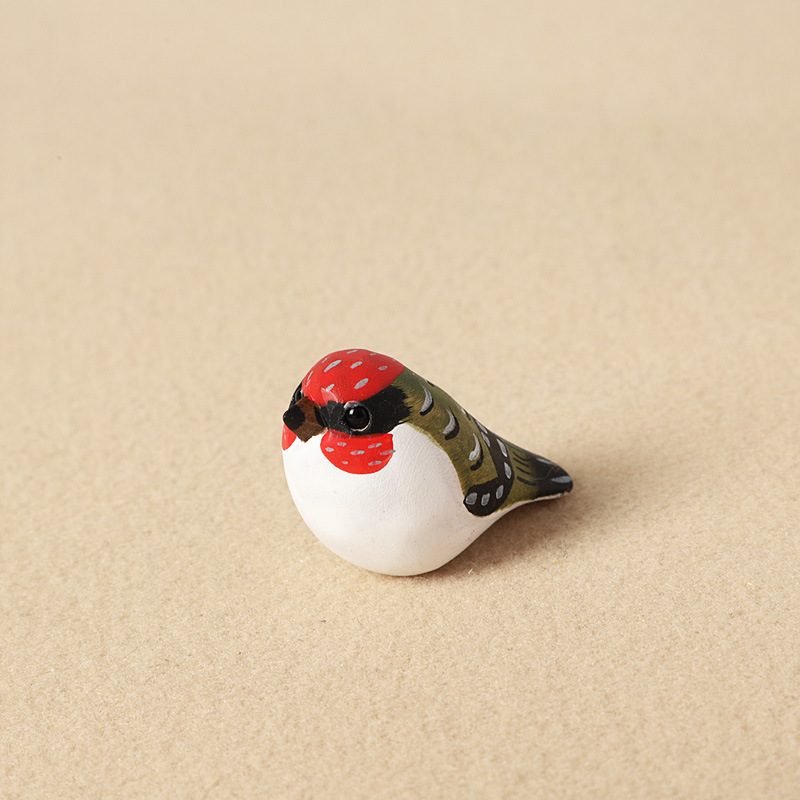 Wood carving red and green sparrow - individual ornament