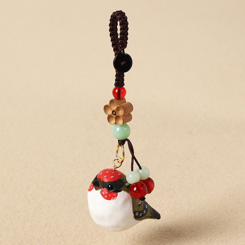 Wood carving red and green sparrow-peach wood plum blossom style