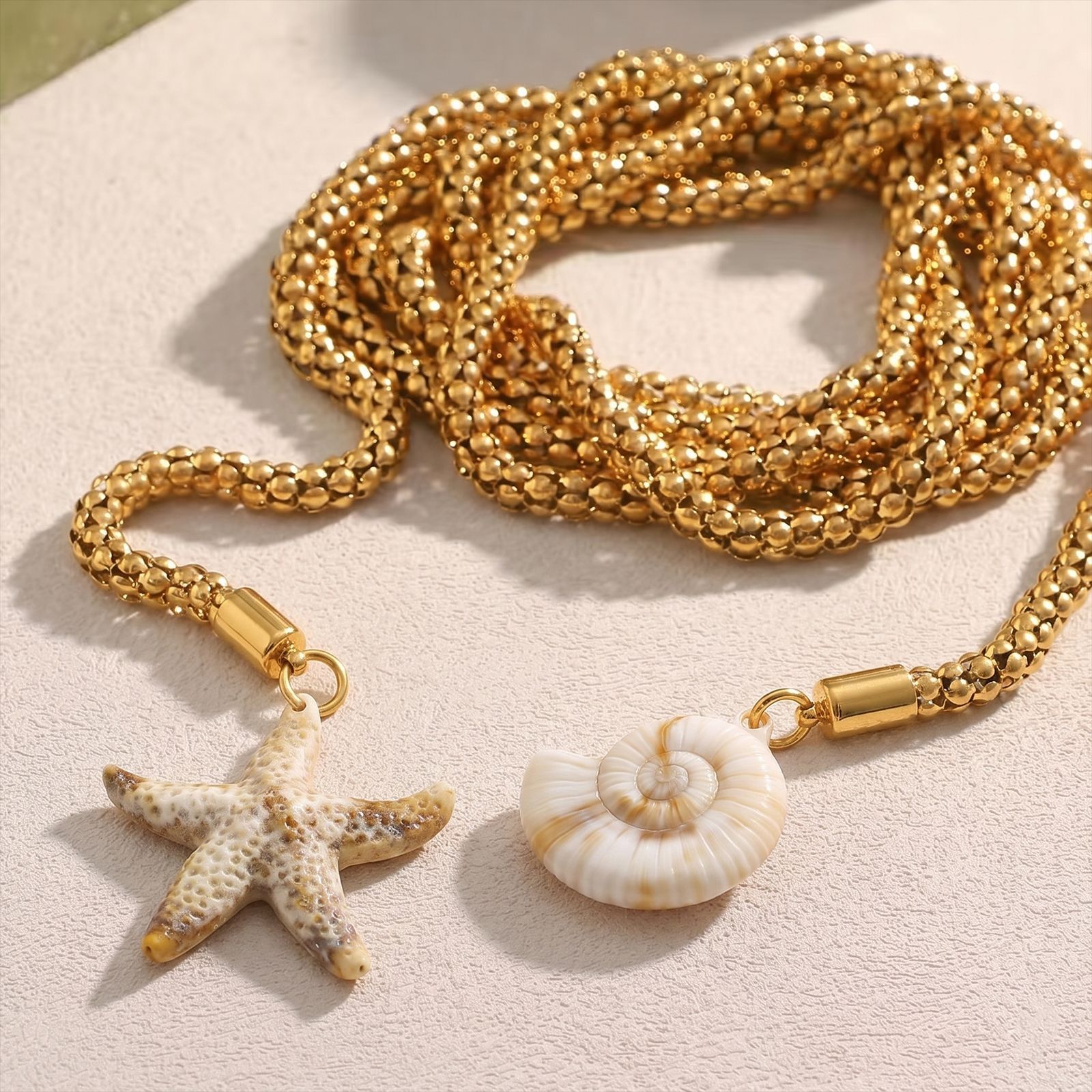 Starfish conch stainless steel thick chain long necklace gold