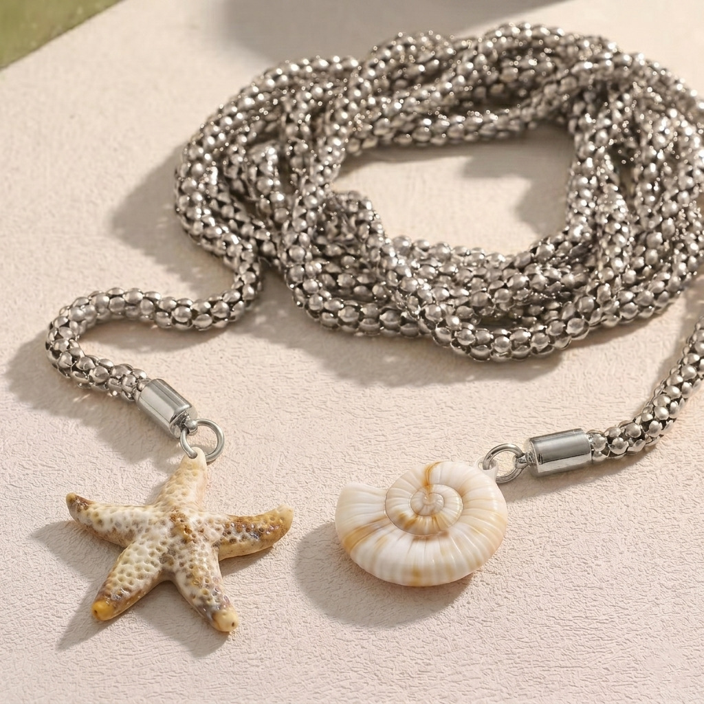 Starfish and conch stainless steel thick chain long necklace silver