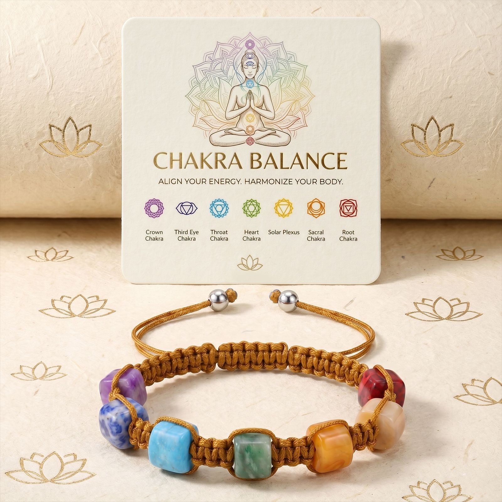 Seven-color cylindrical flat knot bracelet khaki with card