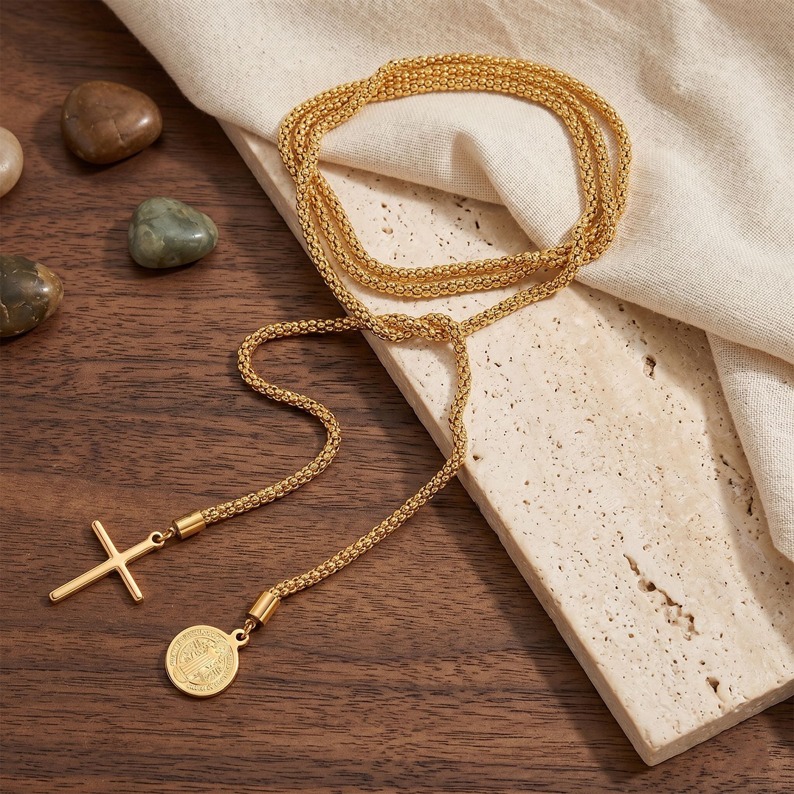 Cross st. benedict stainless steel thick chain long necklace gold
