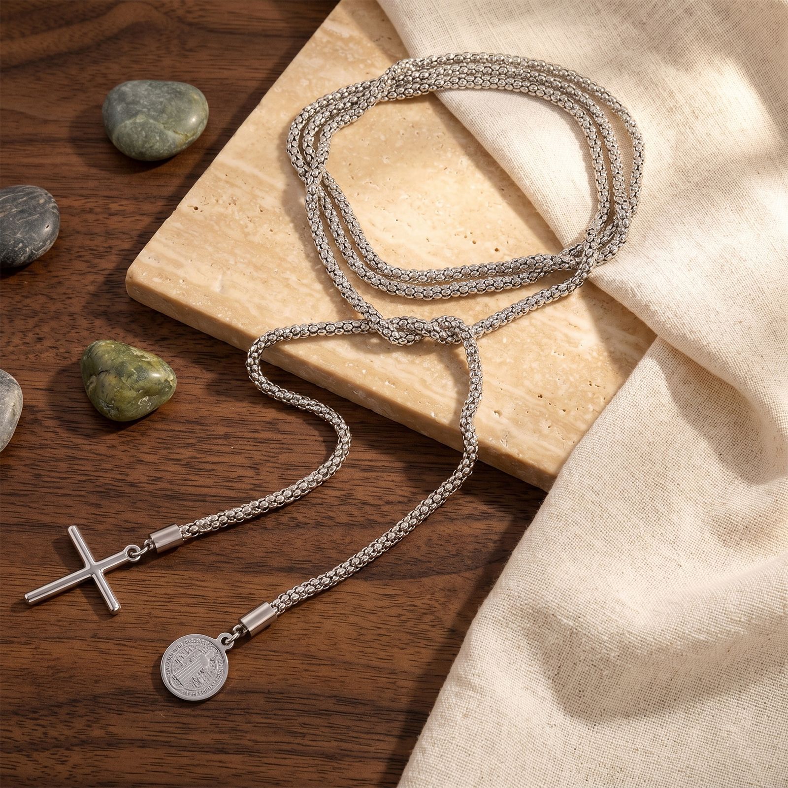 Cross st. benedict stainless steel thick chain long necklace silver