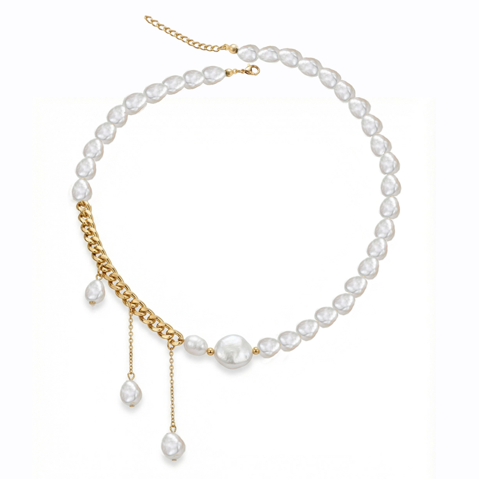 Stainless Steel Cuban Chain with Pearl Inlay Necklace in Gold Color