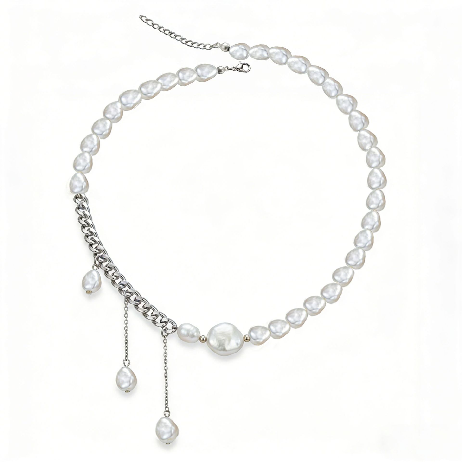 Stainless Steel Cuban Chain with Pearl Necklace in Silver