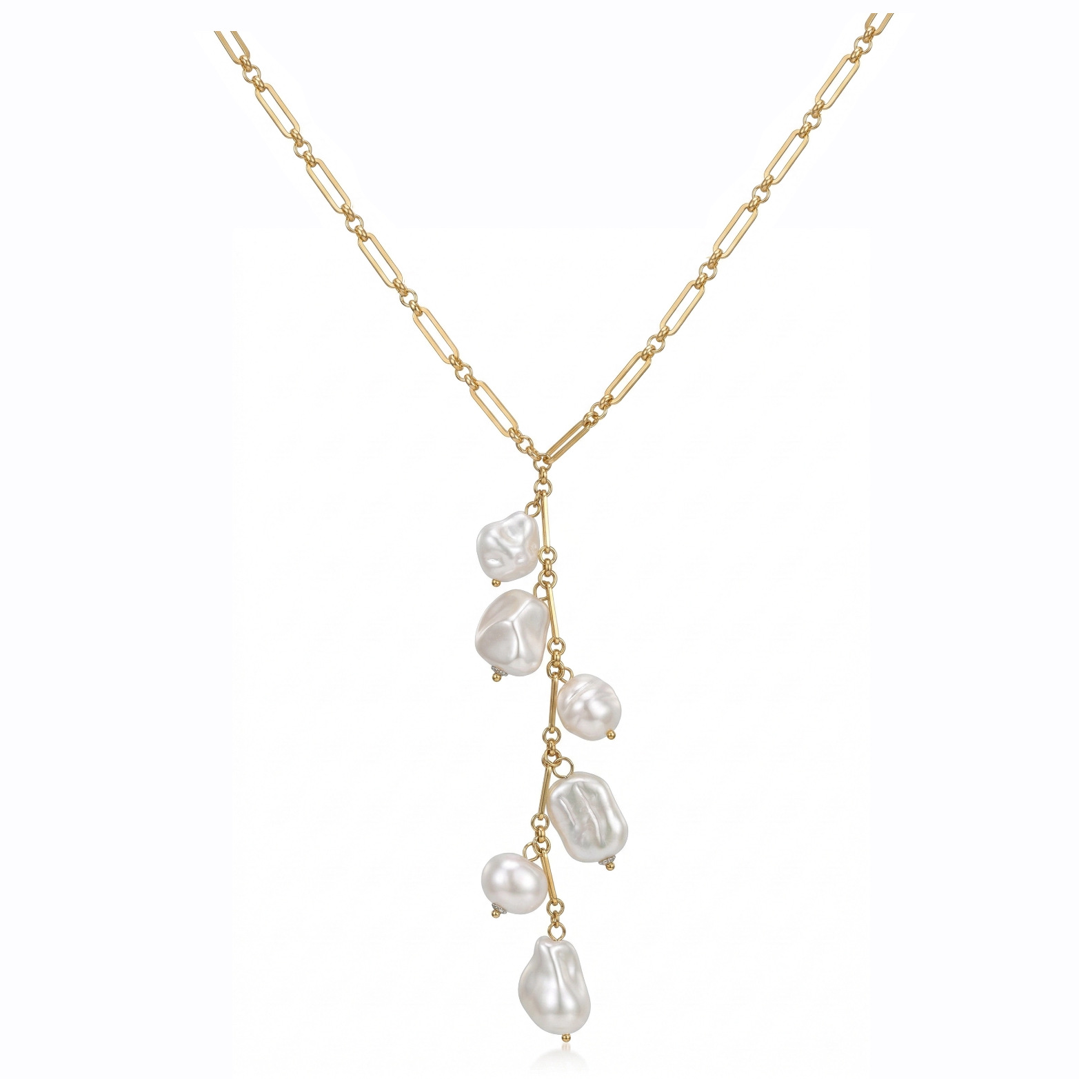 Baroque pearl tassel paperclip long necklace gold