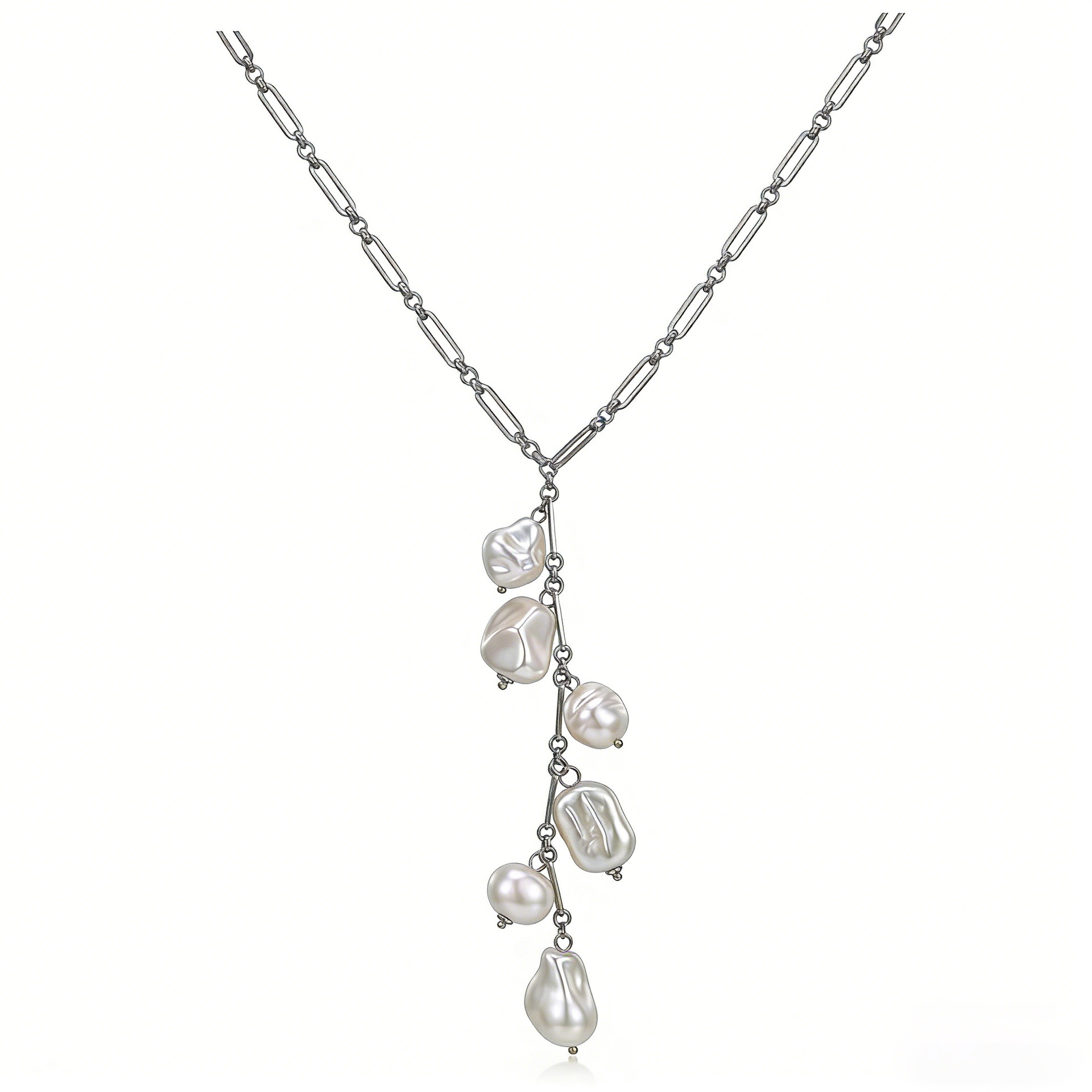 Baroque pearl tassel paperclip long necklace silver